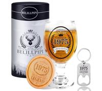 Belillpipi Regalo per 50° compleanno, 1975, bicchiere da birra per uomini e donne, regalo per 50° compleanno, idee regalo per uomini, bicchieri da birra con sottobicchiere, apribottiglie