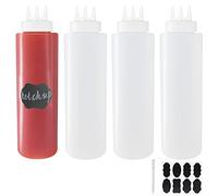 Belinlen,Confezione da 4 flaconi da 1000 ml, in plastica, 3 fori, spruzzatori per condimenti e condimenti, dispenser in plastica con misure per ketchup, barbecue, officina, artigianato artistico