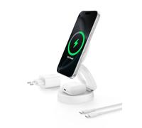 Belkin 2 in 1 Caricatore Wireless, Stazione di Ricarica Wireless 15 W, Caricatore Qi2 con MagSafe per iPhone 16 e AirPods, base piena antiscivolo, alimentatore da 30W - Bianco