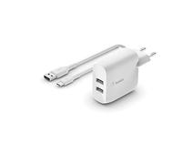 Belkin Caricabatteria da parete Boost Charge - Doppio USB-A 24W + cavo USB-A a USB-C 1 m - Bianco