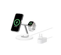 Belkin BoostCharge Caricatore 3 in 1 con Qi2, base di ricarica wireless compatibile con MagSafe, caricatore iPhone 16 series, Apple Watch e AirPods, base antiscivolo, alimentatore incluso, bianco