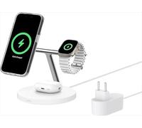 Belkin BoostCharge Caricatore 3 in 1 con Qi2, base di ricarica wireless compatibile con MagSafe, caricatore iPhone 16 series, Apple Watch e AirPods, base antiscivolo, alimentatore incluso, bianco