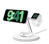 Belkin BoostCharge Pro Caricatore da scrivania 3 in 1 con ricarica wireless 15 W Qi2 per iPhone 15, 14, 13, 12, Apple Watch e AirPods, stazione di ricarica magnetica compatibile con MagSafe, bianco