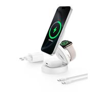 Belkin Caricatore wireless compatibile con MagSafe, stazione di ricarica wireless 3 in 1, caricatore Qi2 15 W per iPhone 16, Apple Watch, AirPods, con base antiscivolo e alimentatore da 36 W, bianco