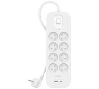 Belkin Ciabatta elettrica a 8 prese con protezione da sovratensione, montaggio a parete, 8 prese, cavo di alimentazione da 2 m, indicatore luminoso verde, porta USB-C e USB-A con USB-C PD per ricarica
