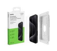 Belkin ScreenForce TemperedGlass Proteggi schermo antimicrobico, pellicola protettiva, vetro temprato per iPhone 15 Pro, trasparente, antigraffio, include supporto per un'applicazione senza bolle