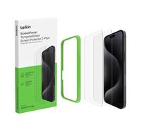 Belkin ScreenForce TemperedGlass Proteggi schermo, vetro temprato per iPhone 15 Pro Max, sottile, trasparente, antigraffio, include supporto per un'applicazione senza bolle, 2 pezzi , Esclusiva Amazon