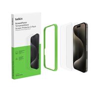 Belkin ScreenForce TemperedGlass Proteggi schermo, vetro temprato per iPhone 15 Pro, sottile, trasparente, antigraffio, include un supporto per un'applicazione senza bolle, 2 pezzi