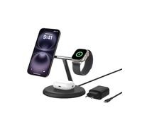 Belkin Supporto di Ricarica Wireless Magnetica 3 in 1 con Qi2 15W, Compatibile con MagSafe, Caricatore rapido per iPhone 17, Air, Pixelsnap, AirPods, Apple Watch e altri (alimentatore incluso) - Nero