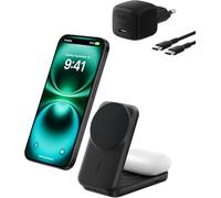 Belkin UltraCharge - Caricabatterie wireless 2 in 1, 25 W, certificato Qi2.2, compatibile con MagSafe, dock di ricarica per iPhone 17, Air, AirPods, Pixelsnap, supporto magnetico con porta