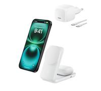 Belkin UltraCharge Caricatore iPhone Qi2, Stazione di Ricarica Wireless 2 in 1 25W, Caricatore Wireless Compatibile con MagSafe per iPhone, AirPods, Pixelsnap con Porta USB-C e Adattatore 45W, Bianco