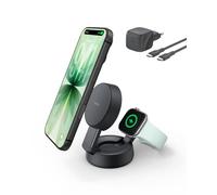 Belkin UltraCharge Pro Caricatore Wireless Magnetico Convertibile 2 in 1 MagSafe Qi2.2 25W, Stazione di Ricarica per iPhone 17, Apple Watch Series 10, Pixelsnap, (Alimentatore 45W Incluso), Nero