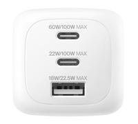 Belkin Caricatore da muro GaN USBC a 3 porte da 100 W, 2 porte USBC e 1 porta USBA, Spine incluse per UE-UK-US, Ricarica Rapida per MacBook, iPhone, iPad Pro, Samsung Galaxy, Google Pixel - Bianco