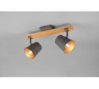 BELL BARRA 2 SPOTS ORIENTABILI LEGNO NATURALE DIFFUSORI METALLO ACCIAIO ANTICATO INTERNO ORO L. 42,5CM ATTACCO E14