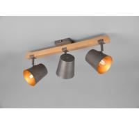 BELL BARRA 3 SPOTS ORIENTABILI LEGNO NATURALE DIFFUSORI METALLO ACCIAIO ANTICATO INTERNO ORO L. 54CM ATTACCO E14