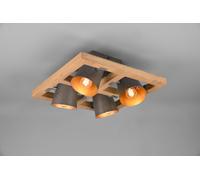 BELL PLAFONIERA QUADRATA LEGNO NATURALE 4 SPOTS ORIENTABILI DIFFUSORI METALLO ACCIAIO ANTICATO INTERNO ORO 39X39CM ATTACCO E14