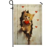 Bella bandiera da giardino a forma di cuore di gattino arancione, adorabile decorazione della casa, bandiere da giardino in tela di iuta double face, decorazione per prato esterno, 12 x 18 pollici