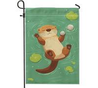Bella bandiera da giardino a forma di lontra, decorazione della foresta verde, decorazione del prato all'aperto estivo, banner di animali bifacciali, accessori da giardino divertenti per feste