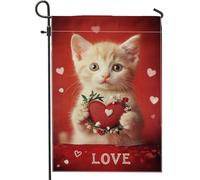 Bella bandiera da giardino arancione a forma di gattino a forma di cuore, decorazione primavera rossa, bandiera floreale double face in tela di iuta, decorazione per prato all'aperto per feste di