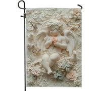 Bella bandiera da giardino con angelo primaverile ed estivo, rosa floreale crema con farfalle decorazione per esterni, bandiera da cortile in iuta su entrambi i lati per la decorazione del prato