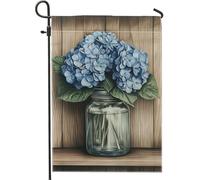 Bella bandiera da giardino con ortensia blu, vivace decorazione floreale per la casa e il giardino, bandiera da giardino in tela su entrambi i lati, per la decorazione estiva all'aperto del prato