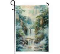 Bella bandiera da giardino con paesaggio a cascata, paesaggio verde tranquillo decorazione per esterni, bandiera a doppia faccia in tessuto per cortile a tema natura decorazione per la casa 30,5 x