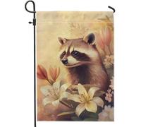 Bella bandiera da giardino floreale di procione primaverile, banner di decorazione della fauna selvatica marrone morbido bandiera in poliestere a doppia faccia per la decorazione del prato all'aperto