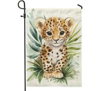 Bella bandiera da giardino leopardata bandiera decorativa beige stampa animale juta double face decorazione prato all'aperto decorazione interna a tema fauna selvatica
