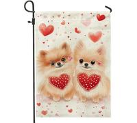Bella bandiera da giardino per cani pomeraniani, cuori da pesca, decorazione esterna, bandiera in tela di iuta double face, per San Valentino, decorazione per gli amanti degli animali