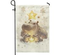 Bella bandiera da giardino per famiglie ippopotamo, animale nevoso beige, decorazione per esterni, bandiera per vacanze double face per la stagione invernale, decorazione da cortile caldo per la casa