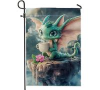 Bella bandiera del giardino del drago verde adorabile creatura fantasia con caffè decorazione della casa decorazione del prato esterno doppio lato 12 x 18 pollici