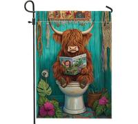 Bella bandiera del giardino della mucca degli altopiani, colorata decorazione umoristica del bagno, striscione del prato all'aperto, divertente bandiera del patio a doppia faccia per la decorazione
