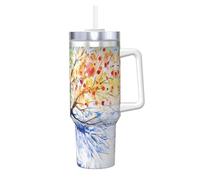 Bella borraccia termica con stampa di albero delle quattro stagioni, 1184 ml, con manico e cannuccia, borraccia da viaggio per caffè caldo e freddo