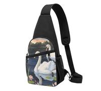 Bella borsa a tracolla con stampa di cigni bianchi sul lago, per uomini e donne, per attività all'aperto, escursioni, sport