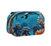 Bella borsa per cosmetici con stampa di delfini sottomarini e corallo, astuccio per matite kawaii, astuccio organizer con cerniera