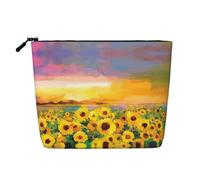 Bella borsa per il trucco in canapa finta con campo di girasole e tramonto, grande capacità, borsa da viaggio per articoli da toeletta resistente all'acqua per le donne