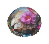 Bella cuffia da doccia con pavoni e fiori di loto, per donne e uomini, grande, riutilizzabile, a doppio strato, impermeabile, con fascia elastica, per tutte le acconciature, adatta ai viaggi