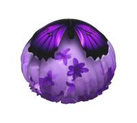 Bella cuffia da doccia viola con stampa di farfalle da donna, leggera, riutilizzabile, morbida, a doppio strato impermeabile, a prova di perdite.