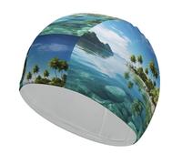 Bella cuffia da nuoto Island in The Sea per adulti, in tessuto elastico, comoda cuffia da bagno per capelli lunghi e corti
