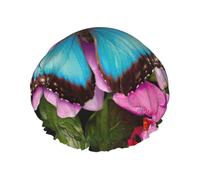 Bella farfalla su fiore rosa doppia impermeabile fascia elastica cuffia da doccia con orecchie arricciate cofano da cucina a prova di olio può essere riutilizzata