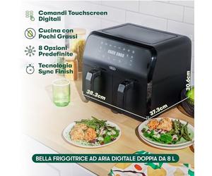 bella Friggitrice ad Aria Digitale da 8 L, Multifunzione 5-in-1 con Griglia e Cestello Antiaderenti Rimovibili e Lavabili in Lavastoviglie, 1400 Watt, Nero