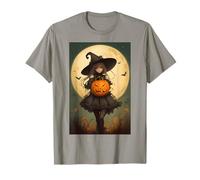 Bella Giovane Strega con Zucca e Luna sullo Sfondo Maglietta