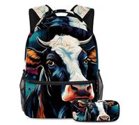 Bella mucca conquista la classe con il nostro set di 2 zaini per bambini, zaino grande capacità e astuccio per ragazzi ragazze adolescenti, Multicolore#04, B：29.4x20x40cm P：19x7.5x3.8cm, Zaini