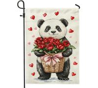 Bella panda con rose rosse, bandiera da giardino, decorazione floreale di San Valentino, bandiere da giardino, bandiera da giardino double face in iuta, decorazione d'amore, 30,5 x 45,7 cm
