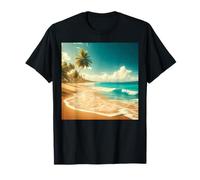 Bella Spiaggia Mare Oceano Onde di Sabbia Palme Cielo Vacanza Maglietta