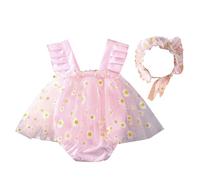 Bella stampa floreale abito pagliaccetto con fascia per capelli abbinata, set da 2 pezzi, vestito fotografico e copricapo per cento giorni