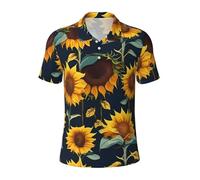 Bella stampa girasole Mens cotone polo manica corta casual estate camicie classiche colletto camicia da golf con, Nero , L