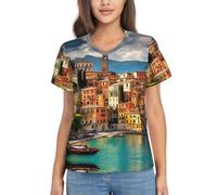 Bella stampa Italia donne casual scollo a V, maniche corte top tunica, maniche corte scollo a V t-shirt, nero, S
