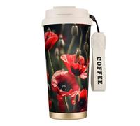 Bella tazza da caffè in acciaio con stampa di papaveri rossi, thermos da caffè all'aperto, tazza da campeggio con coperchio a prova di perdite, tazze portatili per mantenere caldo/ghiaccio