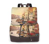 Bella Venezia Canal View Print Donne Zaino Impermeabile Antifurto Leggero Pu Moda Pelle Nylon Scuola Borsa A Tracolla Zaino Da Viaggio, Nero , Taglia unica